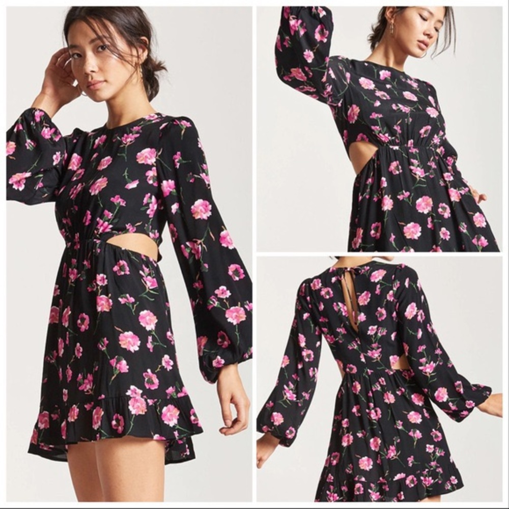 Floral Long Sleeved Dress with Waist Cutout